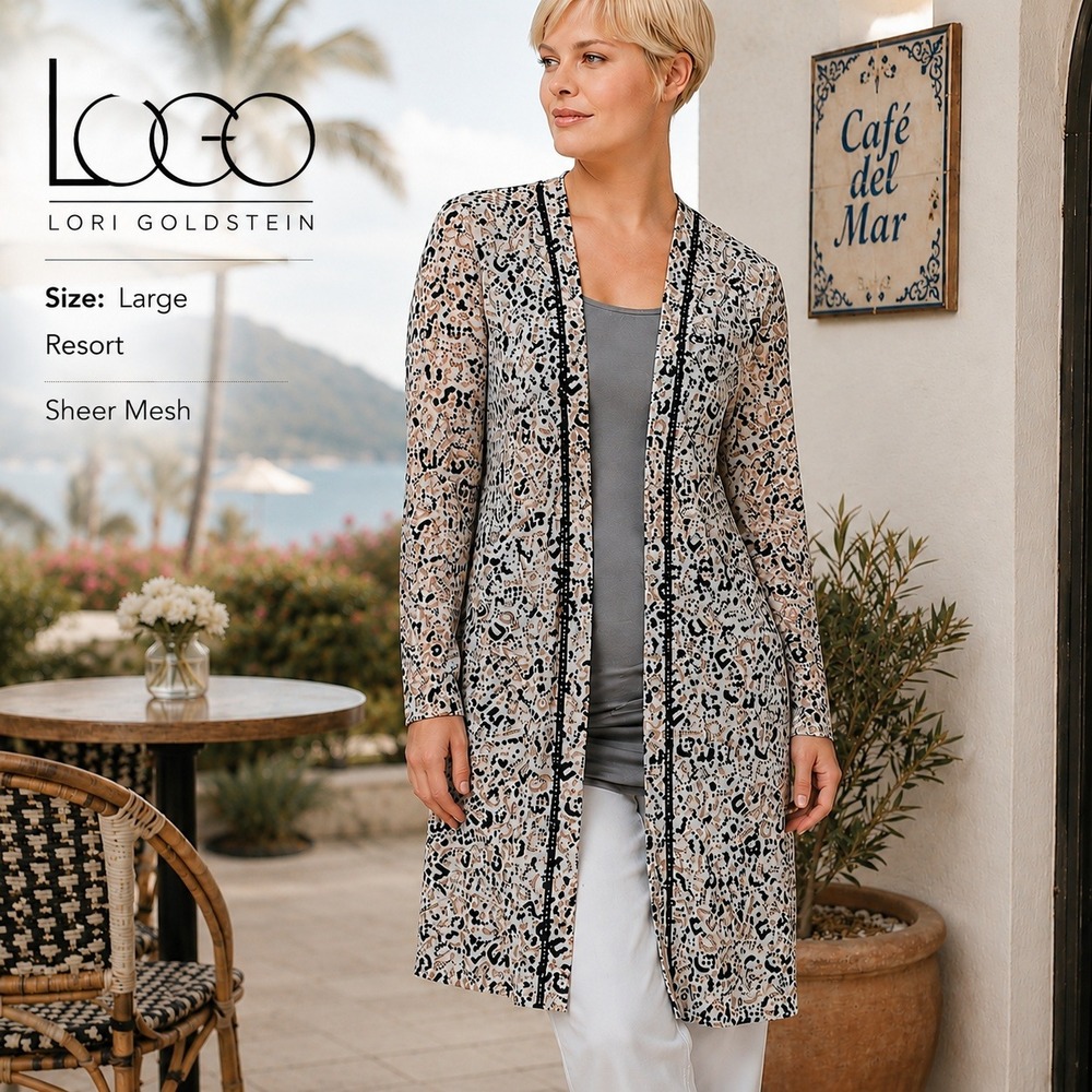 LOGO Lori Goldstein Cardigan Woman L Animal Print Sheer Mesh Leopard Gray Duster